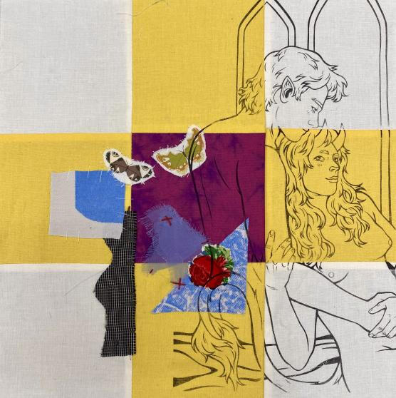 Quilt panel. Screen-print on fabric with applique. 12x12in, 2023.