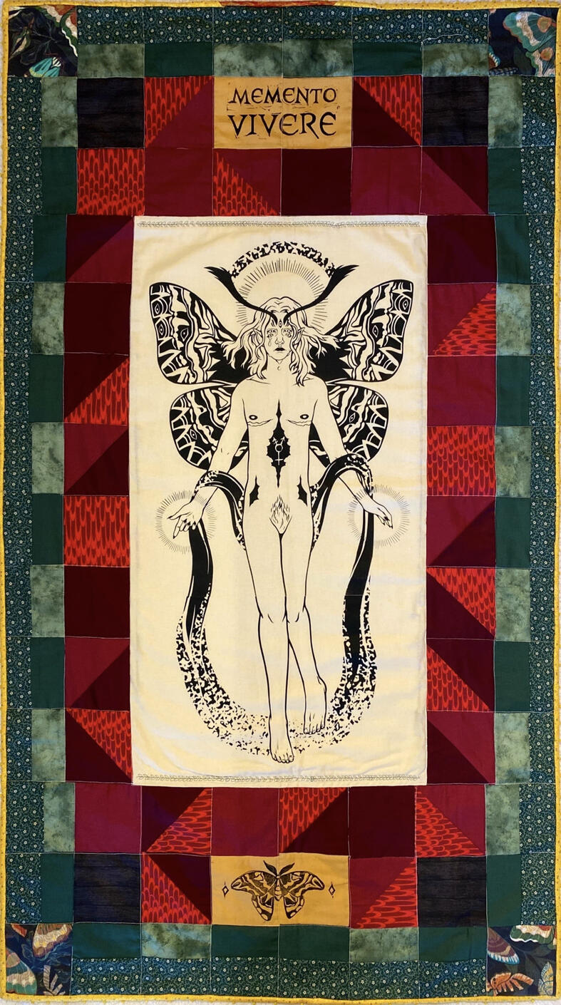 Memento Vivere. Screen-print and relief print on quilted fabric.