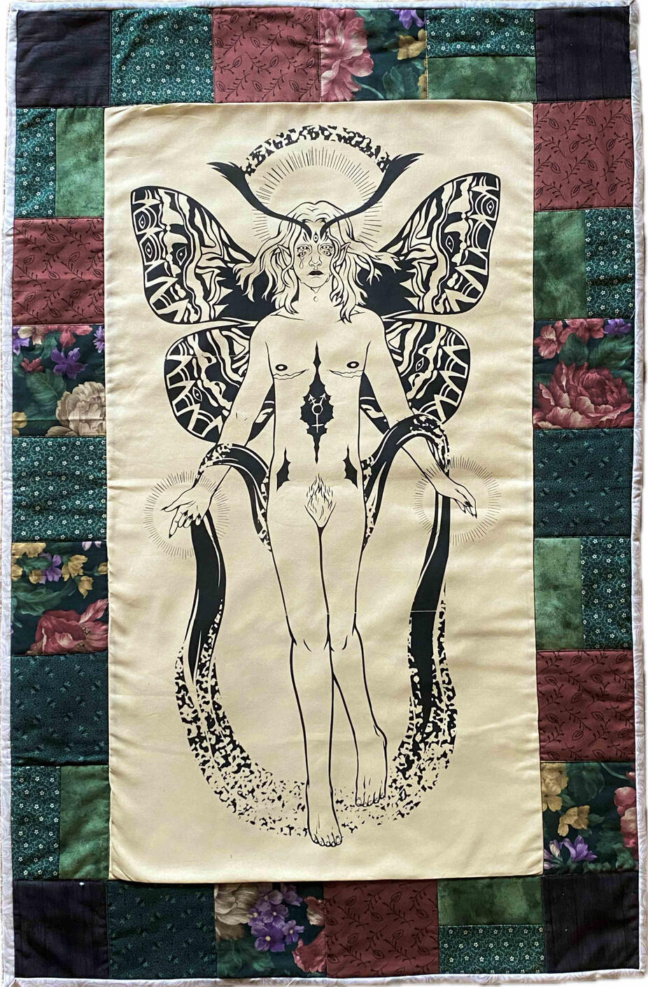 Remember That You Must Live. Screen-print and relief print on quilted fabric.