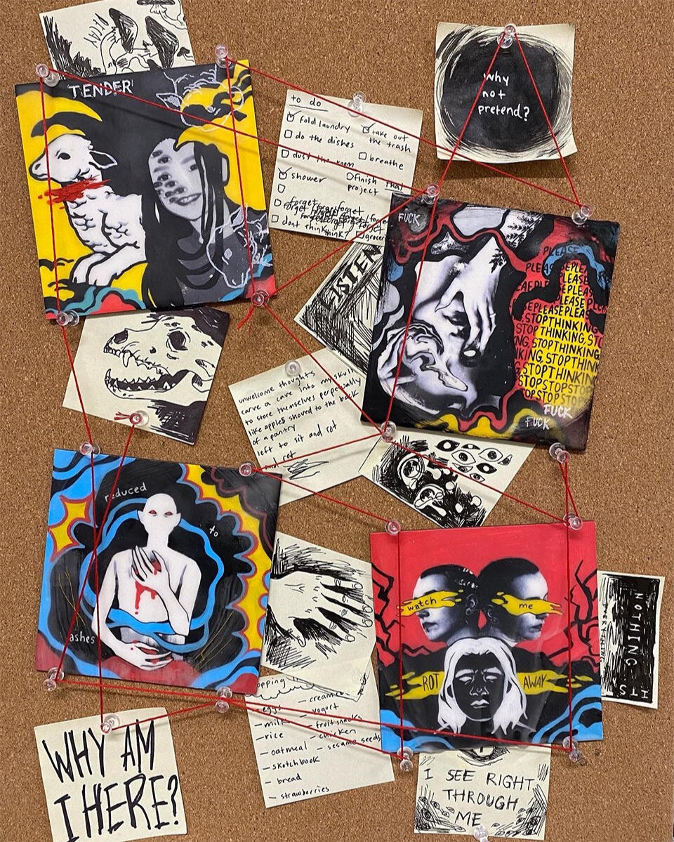 My Haunted Psyche. Acrylic and encaustic medium on four 4x4in panels, collaged with sticky notes, string, and thumbtacks on cork. 2021.