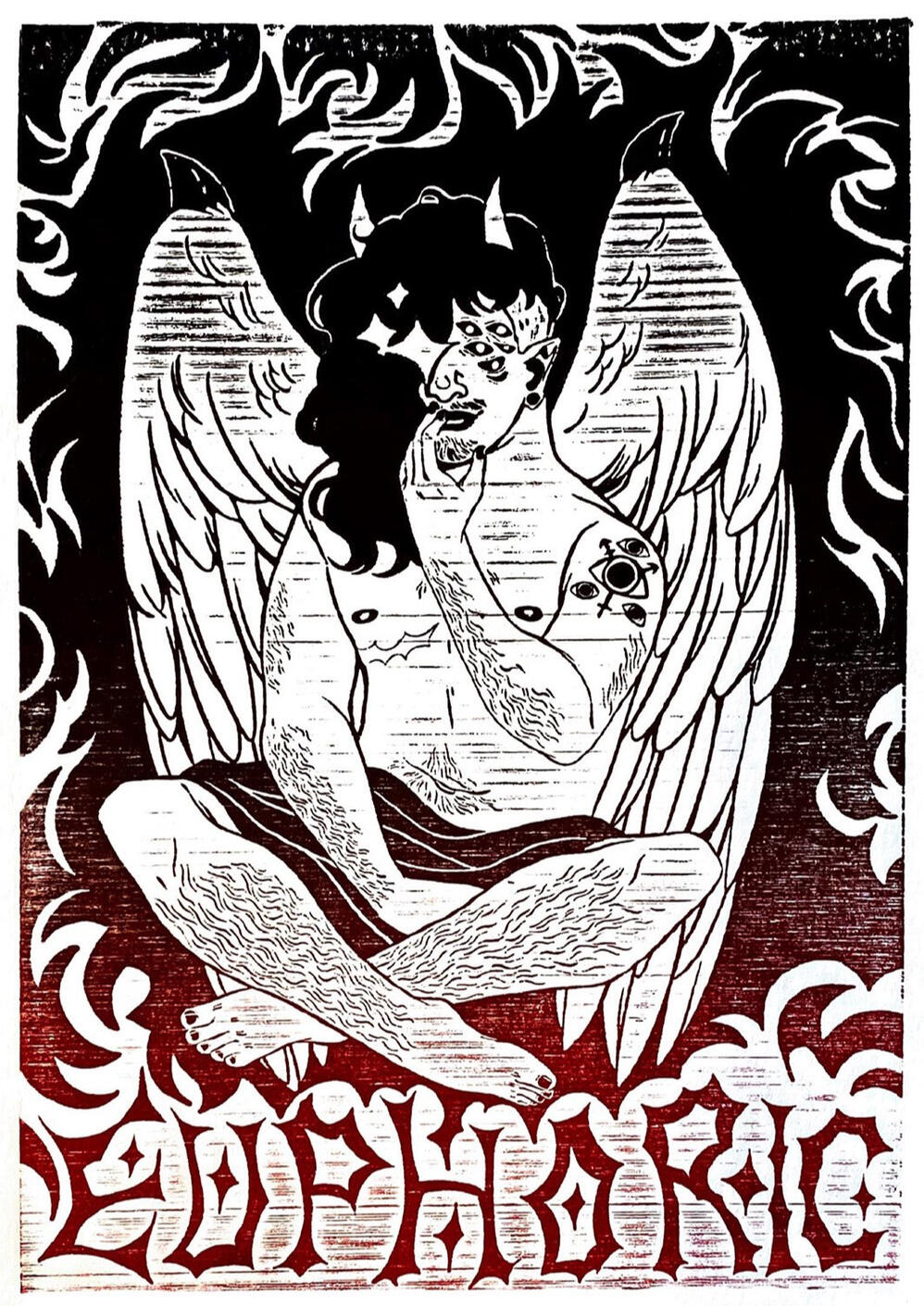 Euphoric. Woodcut. 7x11in. 2021.