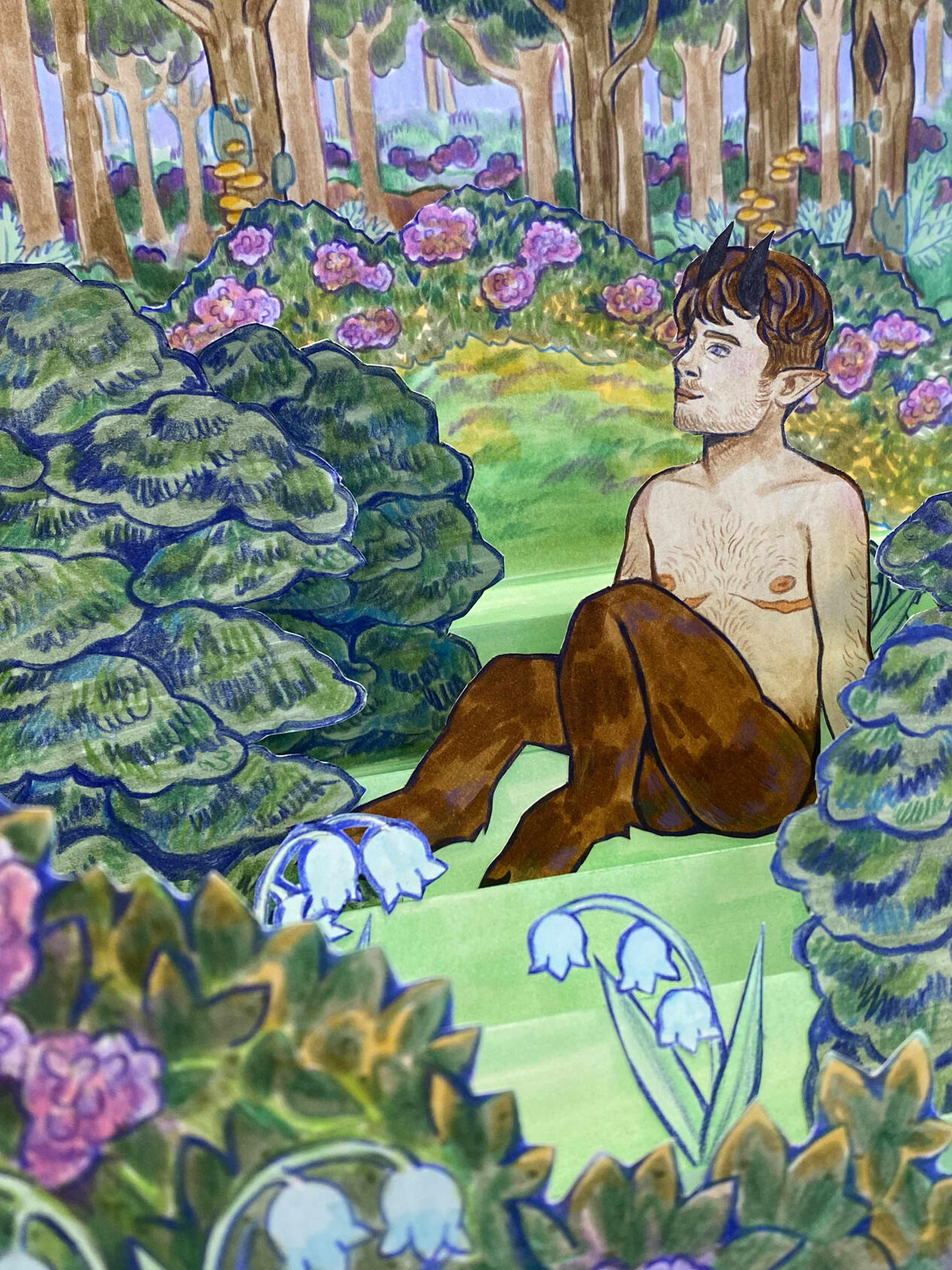 In the Forest Details. Ink, Marker, and Colored Pencil on Paper.